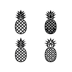Obraz premium Vector set of four black pineapple illustrations. Minimalist tropical fruit icons with different patterns isolated on a white background
