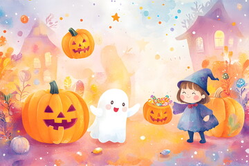 Fototapeta premium Cute Halloween illustration with smiling pumpkins, friendly ghosts, and children in costumes collecting candy, designed in playful pastel tones with a soft watercolor style, festive, charming.