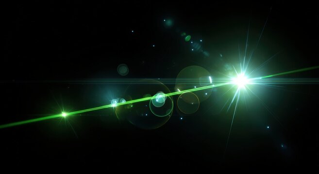 Abstract digital image of bright green light flares and lens effects on black background - Powered by Adobe