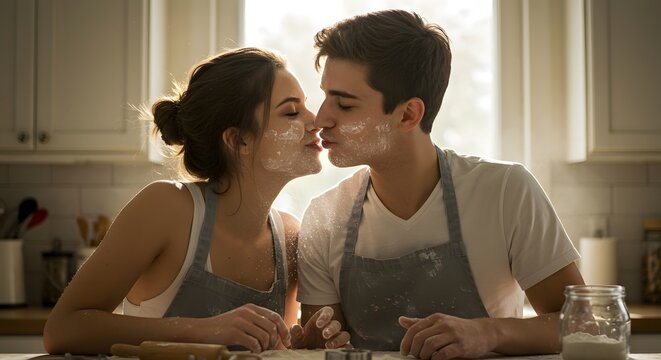 Flour-Covered Kiss: Joyful Couple's Sweet Kitchen Moment