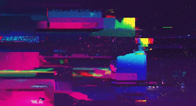 Vibrant abstract background with a digital glitch effect, showcasing distorted pixels and futuristic neon signal noise