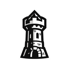 An illustration of a black and white castle turret, a symbol of strength and defense