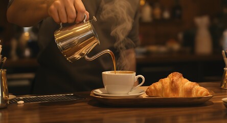 Barista Pouring Steaming Coffee into a Cup Alongside a Flaky Croissant on a Wooden Counter in a Cozy Cafe Setting