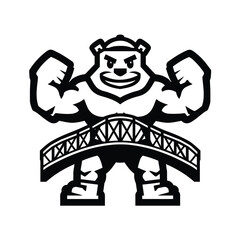 Muscular Bear Mascot with Bridge Element for Sports Team Logo