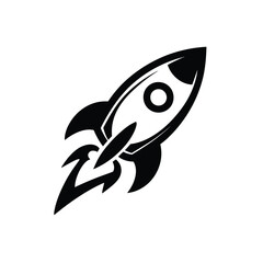 Dynamic black and white vector illustration of a rocket launching into space, symbolizing rapid growth, startup success, and the powerful concept of innovation, progress, and future exploration