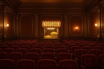 Vintage movie theater with red velvet seats and classic popcorn machine glowing under marquee lights