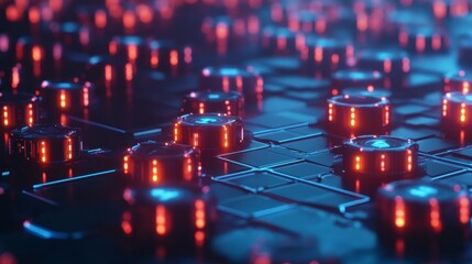 Abstract futuristic technology background with glowing red and blue elements.