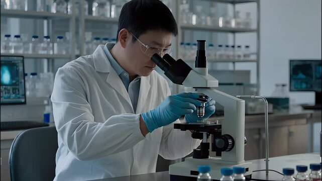 Scientific Observation: A dedicated scientist diligently peers into a microscope, engrossed in meticulous analysis within a state-of-the-art laboratory environment.