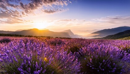 close up of vibrant purple lavender flowers blooming in a vast field under a glowing sunrise with soft clouds and distant mountains