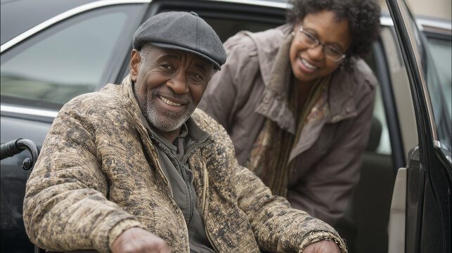 Smiling caregiver assisting a happy senior african american man in a wheelchair while getting out of a car