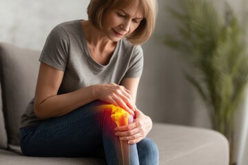 Knee pain icon. Joint pain, Arthritis and tendon problems. Woman in jeans sitting sofa, touching nee at pain point. Mature person feeling unwell, suffering from pain in leg. Red effect painful injury