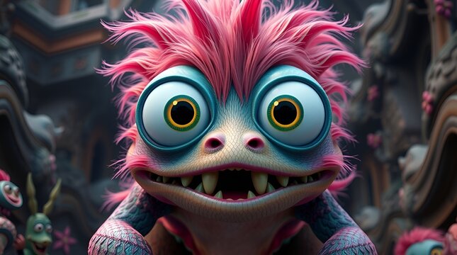 A strange pink furry creature with big eyes