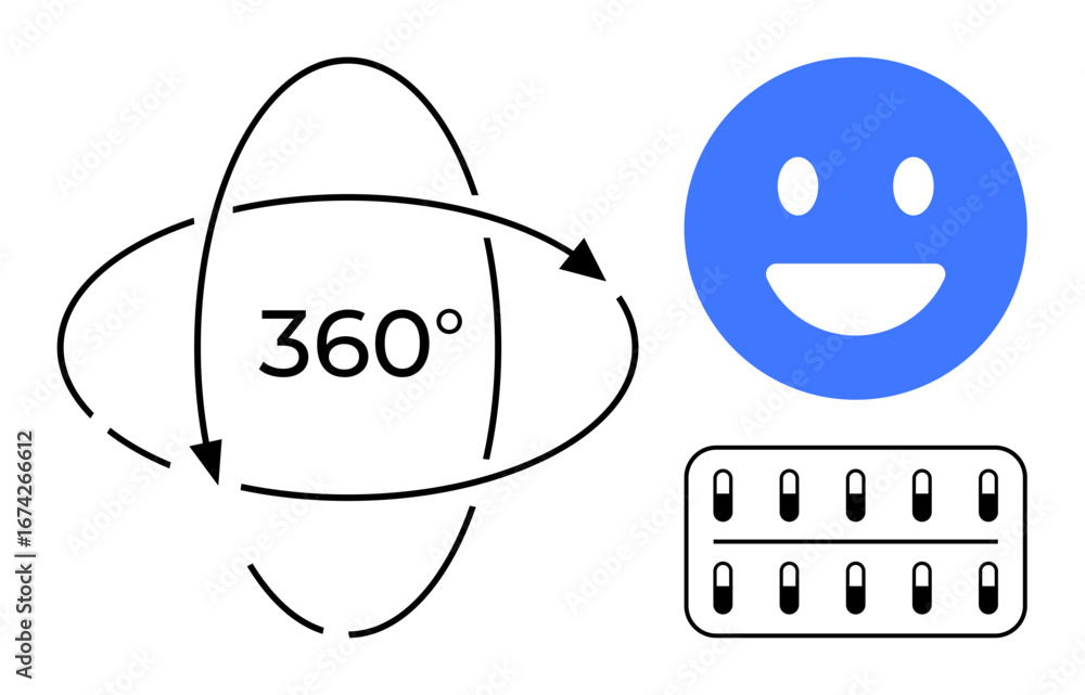 Poster 360-degree rotation arrows surrounding text, blue happy face icon, grid pattern of rectangles. ideal