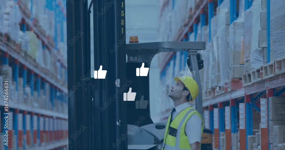 Poster warehouse worker inspecting forklift and generating thumbs-up icons while scanning inventory racks