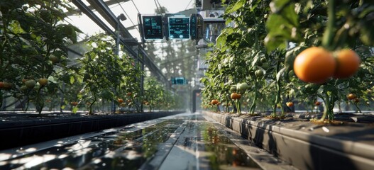 Futuristic greenhouse filled with tomato plants