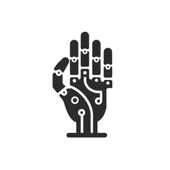 Futuristic robotic hand icon with an integrated circuit board design, symbolizing artificial intelligence, cybernetics, and technological innovation