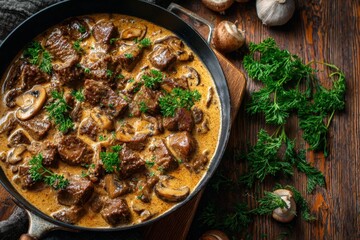 Meat and mushrooms. Dish of stir-fried beef fillet and mushrooms in a creamy thick sauce, served on an iron plate on a wooden board, close-up view. Gourmet food. Beef stroganoff large pieces. Stir Fry