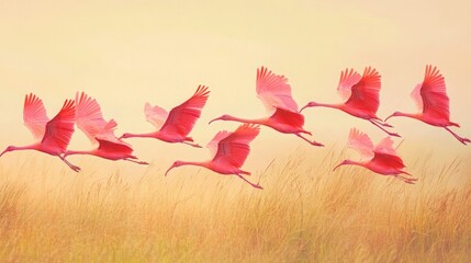 A flock of bright pink ibises taking off from a grassy wetland