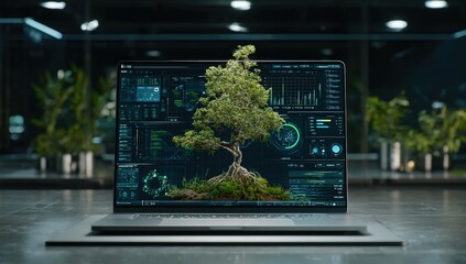 Laptop displaying a bonsai tree over digital data