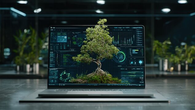 Laptop displaying a bonsai tree over digital data
