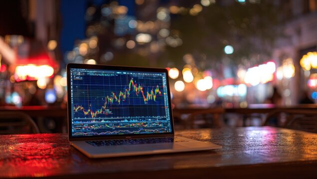 Laptop displaying stock chart in a city night