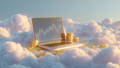 Laptop on clouds with financial chart, golden coins