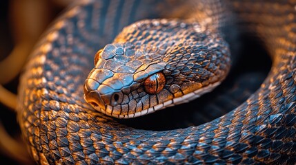 A hypnotic close-up of a coiled snake