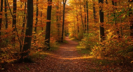 Obraz premium Autumn Forest Path with Colorful Foliage and Sunlight Filtered Through Trees