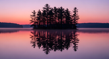 Serene island sanctuary bathed in ethereal dawn light, a tranquil tableau where mirrored trees meet a pastel sky, evoking peace and timeless beauty on a still, reflective lake surface