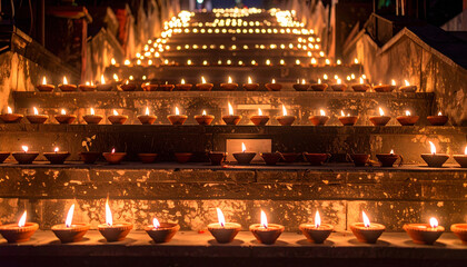 Obraz premium Hundreds of Glowing Oil Lamps Arranged on Stone Stairs Illuminating Pathway During Diwali Festival Celebration at Night with Traditional Clay Diyas Creating Warm Festive Atmosphere