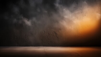 out of focus charcoal gray wall forms the background textured and dimly illuminated by amber light that casts a serene warm glow the presence of subtle smoke creates visual softness evoking the