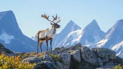 A majestic caribou standing on rocky mountain terrain with snow-capped peaks visible in the distance under a clear blue sky