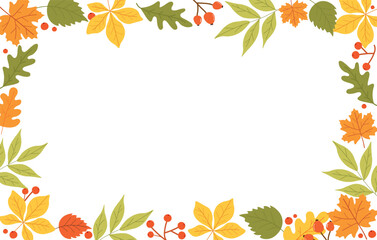 Autumn rectangular frame with different yellow, red and green leaves and berries on the transparent background. 