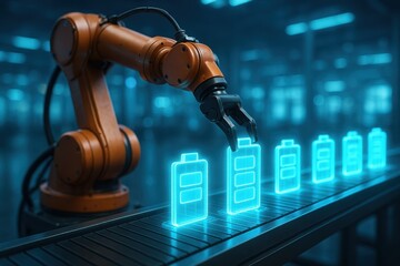 Obraz premium Robotic arm technology: A cutting-edge robotic arm meticulously places glowing batteries on a conveyor belt, symbolizing technological advancement. 
