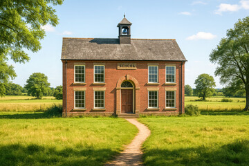 Classic old-fashioned countryside schoolhouse surrounded by green fields. Represents traditional education, history, and rural charm in learning spaces of the past.