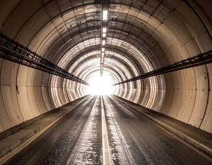 A long, circular tunnel, lined with light beige concrete, extends into a bright, distant light, creating a sense of anticipation and mystery.