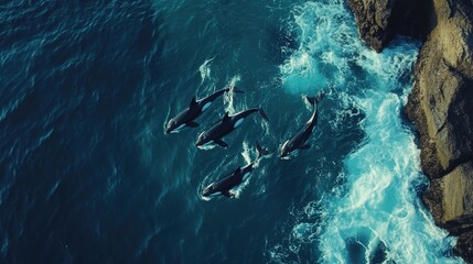 A mesmerizing aerial shot of a pod of orcas swimming in perfect synchronicity through turbulent blue waters near rocky cliffs