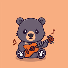 Obraz premium Cute Sun Bear Playing a Guitar Adorable Cartoon Mascot Character Sitting and Playing Music with a Happy and Cheerful Expression