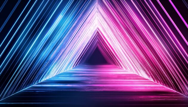 abstract neon triangle tunnel with glowing pink and blue light