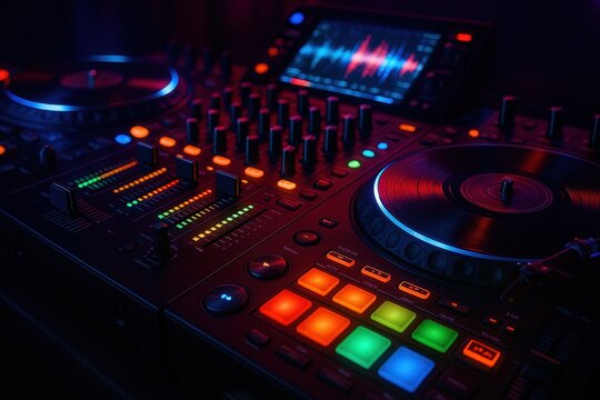 Professional mixing console with glowing equalizers and dynamic lighting for electronic music festival promotion