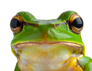 Close-Up Portrait of Vibrant Green Tree Frog with Large Eyes on Transparent Background