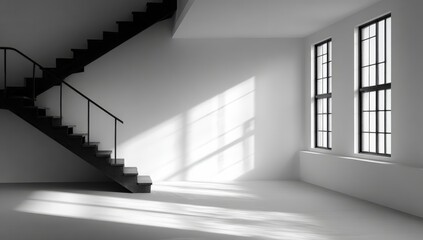Obraz premium Empty room with stairs and big windows. Sunlight casts shadows