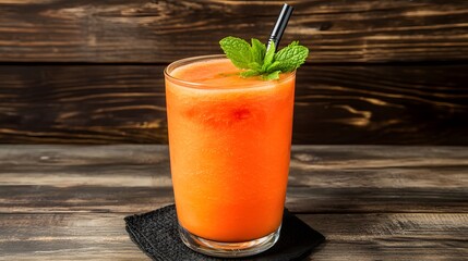 Refreshing Orange Smoothie in Glass on Wooden Table