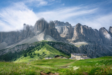 Passo Gardena morning view in Dolomites, South Tyrol, Italy