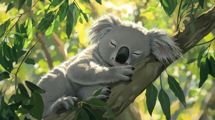 A sleepy koala resting on the branch of a eucalyptus tree with its gray fur fluffy against the green leaves