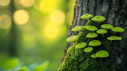 vibrant green mushrooms growing on tree bark in forest setting