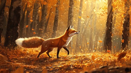 A striking image of a red fox mid-pounce in a golden autumn forest