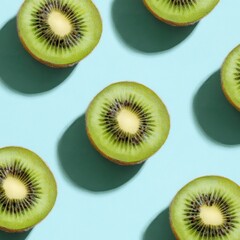 Fototapeta premium Sliced kiwi fruit pattern, pastel blue background, summer food photography, healthy eating concept