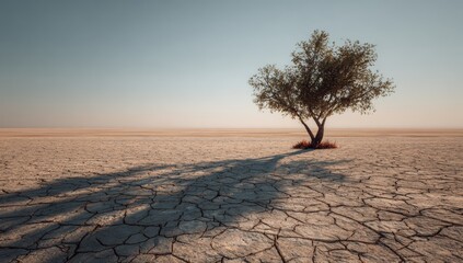 A lone tree stands in a cracked, sun-baked desert
