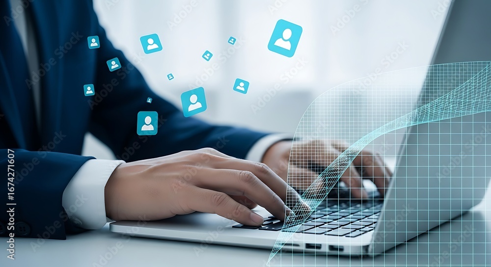 Poster close up of a businessman typing on a laptop with digital icons and data streams flowing around him 